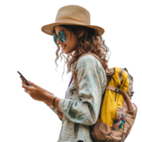 Young woman exploring a new destination with a smartphone and backpack under bright sunlight, file no background Young woman traveling and using a smartphone png