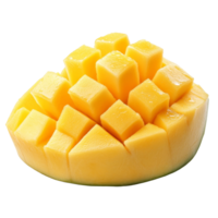 Fresh mango slice cut into cubes, showcasing vibrant yellow color and juicy texture on a transparent background, Mango slice cut to cubes isolated on transparent background png