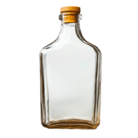 An empty glass bottle with a wooden cork isolated on a plain transparent background showcasing simplicity and elegance, Empty bottle isolated on transparent backgroundfile png