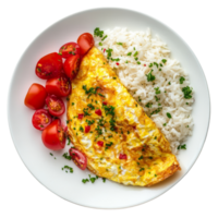 A delicious homemade omelet served with fluffy rice and fresh tomatoes on a transparent plate, omelet with rice on transparent background png