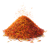 A vibrant heap of saffron spice showcasing its rich color and delicate strands on a clean transparent background, heap of saffron spice png