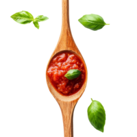 A wooden spoon holds rich tomato sauce garnished with fresh basil leaves on a transparent background, Wooden Spoon with Tomato Sauce and Basil on transparent background png