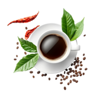 Enjoying instant coffee with coffee leaves and spices on a clean transparent surface for a refreshing experience, instant coffee leaves and pepper cup on transparent background png