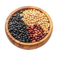 A wooden bowl filled with peanuts, black beans, and mung beans in a colorful display of legumes on a light background, peanuts, black beans, mung beans, in wood bowl isolated on transparent background png
