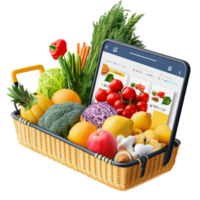 A digital grocery shopping experience with a basket filled with fresh produce and a tablet displaying items, file no background Online grocery shopping and food delivery app png