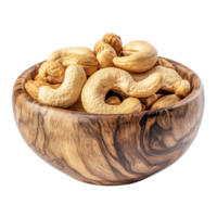 Roasted cashew nuts in a wooden bowl on a transparent background ready for snacking or culinary uses, Roasted cashew nuts in wood bowl isolated on transparent background png