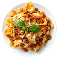 A plate of delicious pasta bolognese served on a transparent background, showcasing rich flavors and texture, Delicious pasta bolognese on transparent background png