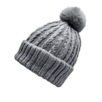 Cozy gray knitted winter hat with a pompom for warmth and style during cold months, gray warm winter hat with pompom, file of isolated object with shadow on transparent background png
