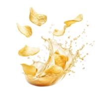 Splashing potato chips creating a crunchy sensation in a whirl of golden droplets, Splashing potato chips isolated png