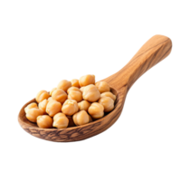 Chickpeas in a wooden spoon isolated on a transparent background highlighting their natural color and texture, chickpeas in wood spoon isolated on transparent background png