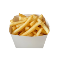 A tempting view of golden french fries served in a simple transparent paper box on a clean surface, Front view of french fries in a transparent paper box png