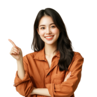 Cheerful Asian woman smiling while pointing to the side in natural light setting, Asian Smiling woman pointing finger to the side with copy space isolated transparent background png