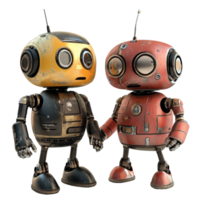 Friendly AI robots holding hands on a bright transparent background in a charming and playful interaction, Friendly AI Robots on transparent background png