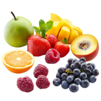 Fresh assortment of ripe fruits including apples, oranges, strawberries, and more on a transparent background, vegetables and fruits on transparent background png