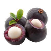 Closeup of fresh mangosteen with green leaves on a transparent background highlighting its vibrant color and texture, Closeup mangosteen isolated on transparent background png