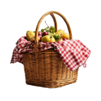 A rustic picnic basket filled with fresh fruits and a checkered cloth against a transparent background, Picnic basket isolated on transparent background png