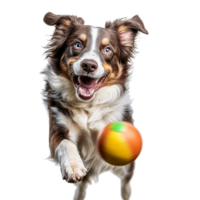 Playful dog jumps for a ball while looking at the camera against a transparent background, dog play ball in motion, look on camera, isolated transparent background png