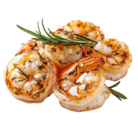 Juicy cooked shrimp garnished with fresh herbs on a clean transparent background showcasing their delicious appeal, Cooked shrimp isolated on transparent background png