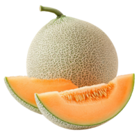 Fresh cantaloupe melon cut open on a transparent background, showcasing vibrant orange flesh and textured skin, cantaloupe melon isolated on transparent background png