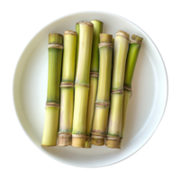 Fresh sugarcane stalks arranged neatly on a transparent plate against a clean transparent background, sugarcane in transparent plate on transparent background png
