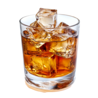 A glass of whiskey on the rocks with ice cubes against a transparent backdrop, whiskey with ice cubes on transparent background png
