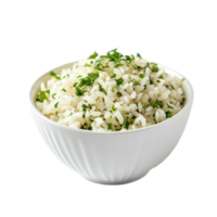Cooked jasmine rice garnished with fresh herbs served in a simple transparent bowl on a neutral background for an elegant presentation, Cooked Jasmin Rice in transparent bowl on transparent background png