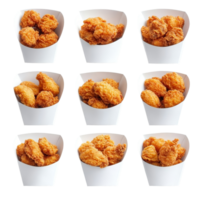 A delightful arrangement of crispy fried chicken pieces in transparent paper containers ready for sharing and enjoying, fried chicken in transparent paper box bucket isolated on transparent background png