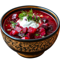 A vibrant bowl of beet borscht soup garnished with herbs and sour cream on a rustic wooden table, Isolated bowl of beet borscht soup png