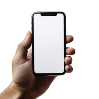Person holding a smartphone with a blank screen, preparing for work, isolated against a transparent background, Phone in hand to work on a smartphone with opening speech ntransparent backgroundfile png