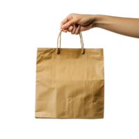 A hand holds a brown paper bag with twine handles against a bright transparent background, hand holding a brown paper bag on transparent backgroundfile png