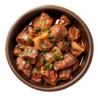 A delicious serving of boiled beef chunks garnished with herbs, showcased on a transparent background, Dish made of boiled meat top view isolated on transparent background png