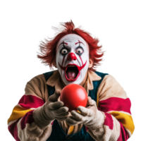 A surprised clown attempting to scare someone while holding a red ball against a bright transparent background, Clown trying to scare surprise someone on transparent background png