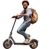 Joyful student enjoying a ride on an electric scooter in a vibrant urban setting during daytime, file no background Happy student riding an ecofriendly scooter png
