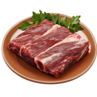 Raw beef brisket cut on a plate garnished with fresh parsley arranged in a kitchen setting for culinary use, Isolated raw beef brisket png