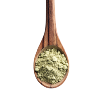 Green Kariyat herbal powder displayed in a wooden spoon on a transparent background for natural remedy enthusiasts, Green Kariyat herbal powder in wood spoon on transparent background png