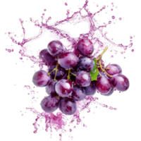 Fresh organic grapes splashing with vibrant juice against a bright transparent background, Fresh organic grape with juice splash on transparent background. grape splash transparent background png
