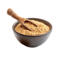 A wooden scoop rests in a bowl filled with nutritious wheat germ on a clean transparent background, Wheat germ in a bowl and scoop on transparent background png