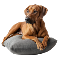 Rhodesian Ridgeback dog relaxing comfortably on a soft cushion in a cozy indoor setting, Rhodesian Ridgeback Dog Relaxing on Cushion Isolated on transparent background png