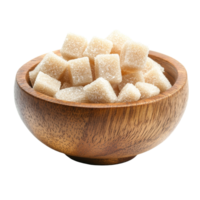 Sugar cubes piled in a wooden bowl creating a natural aesthetic on a bright transparent background, Sugar cube in wood bowl isolated on transparent background png