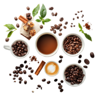 A vibrant assortment of coffee types, beans, and ingredients arranged neatly on a transparent background, Different types of coffee and ingredients png