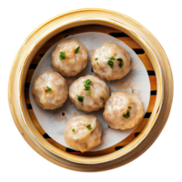 Delicious steamed meatball dim sum served fresh in a bamboo basket on a transparent background, steamed meatball, dim sum food top view isolated on transparent background png
