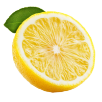 Freshly cut lemon isolated on a transparent background with vibrant yellow color and green leaf accenting its juiciness, lemon isolated on transparent background png