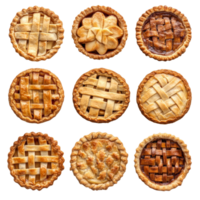 A delightful assortment of apple pies arranged in a decorative pattern on a transparent table surface, Apple pies top view isolated on transparent background png