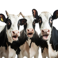 Three cows with shocked expressions against a transparent background, showcasing their amusing reactions in a themed setting, Cows with Shock Expression, Funny on transparent background png