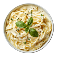 A delicious bowl of fettuccini alfredo garnished with fresh basil from a top view, a bowl of fettucini alfredo with garnish, top view, isolated transparent background png