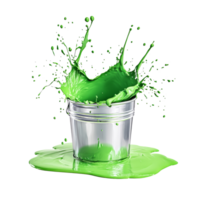 Green paint splashes dramatically from a shiny silver bucket on a transparent surface during a creative art project, green paint splashing from silver shiny paint bucket on transparent background png