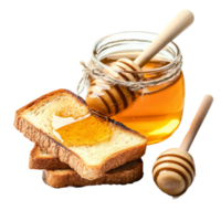 Enjoying fresh honey drizzled on toasted biscuits, perfect for breakfast or snack time, Fresh honey with toast biscuit on a transparent background png