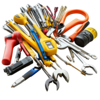 A comprehensive collection of electrician tools arranged on a transparent background for easy identification and access, Group of electrician tools isolated png