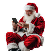 Santa Claus relaxing while chatting on a smartphone during the holiday season, set against a plain background, file no background Santa Claus sitting and chatting with his phone png