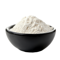 A closeup view of a black bowl filled with fine flour isolated on a clean transparent background for culinary use, Pile of flour in black bowl isolated on transparent background png